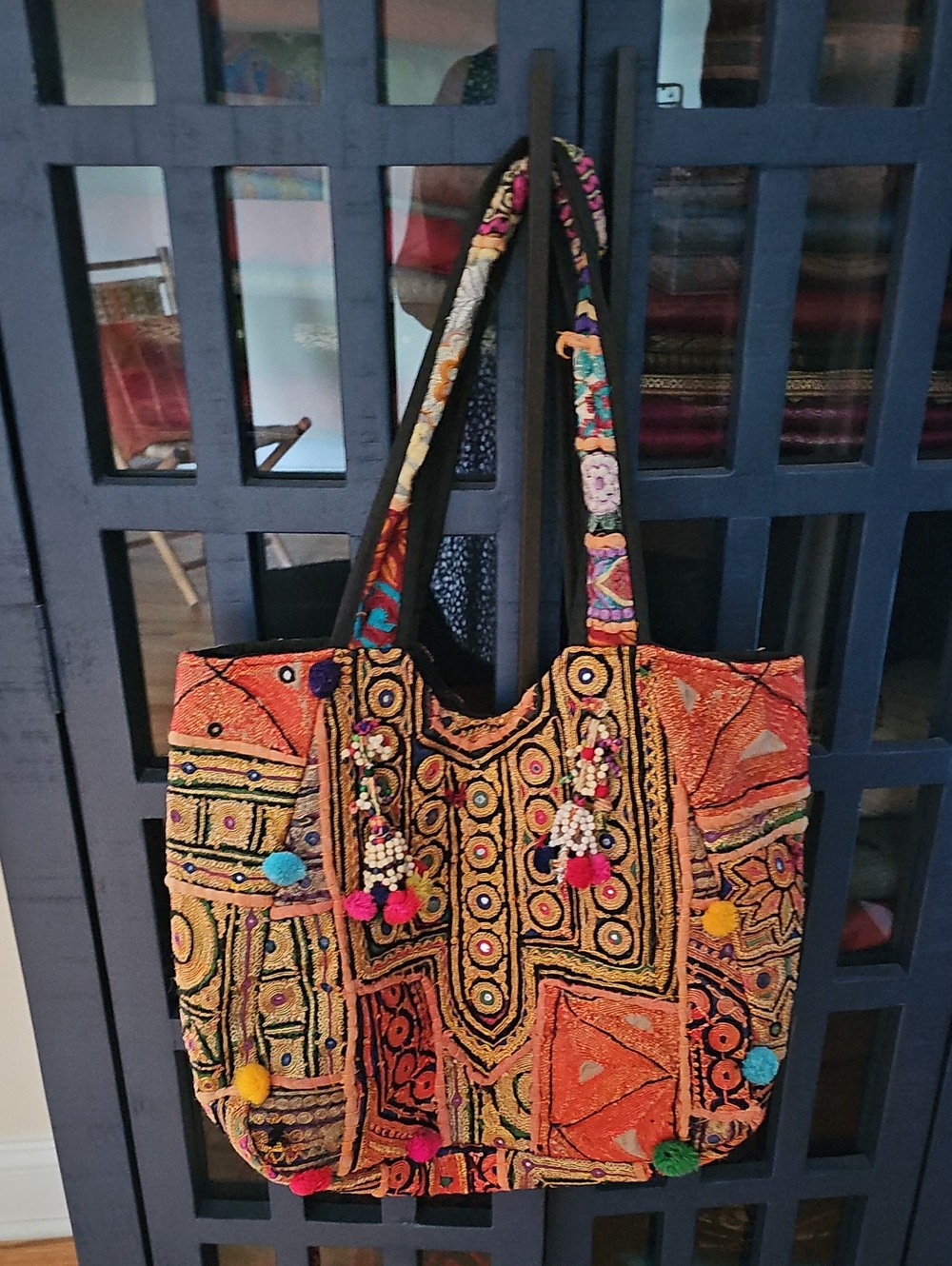 Handmade Embroidered Orange Tribal Tote Bag with Pom-Pom Accents